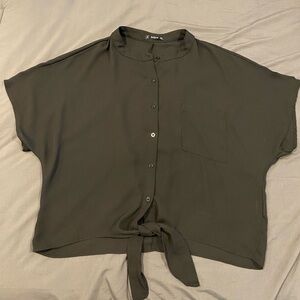 Black short sleeve button up blouse, cropped, size L